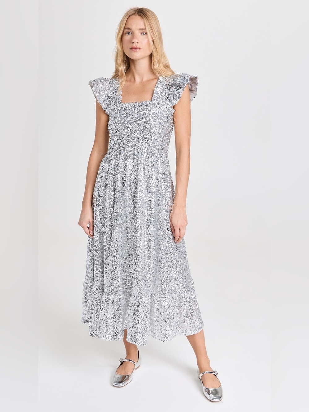 Hill House Ellie Nap Silver Sequin Midi Dress with Ruffle Sleeves